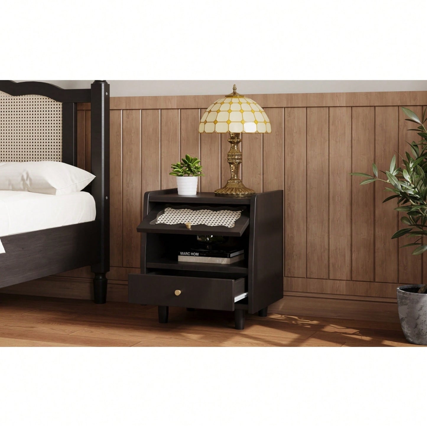 Elegant Wooden Nightstand With Rattan Storage Cabinet And Drawer For Natural Bedroom Organization In Walnut Finish