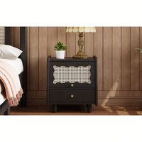 Elegant Wooden Nightstand With Rattan Storage Cabinet And Drawer For Natural Bedroom Organization In Walnut Finish