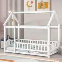 Twin Size Wooden House Bed Frame With Roof And Fence Guardrails In White