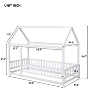 Twin Size Wooden House Bed Frame With Roof And Fence Guardrails In White