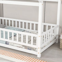Twin Size Wooden House Bed Frame With Roof And Fence Guardrails In White