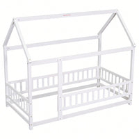 Twin Size Wooden House Bed Frame With Roof And Fence Guardrails In White