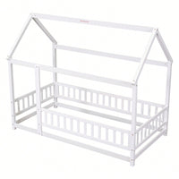 Twin Size Wooden House Bed Frame With Roof And Fence Guardrails In White
