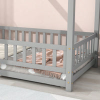Twin Size Wooden House Bed Frame With Roof And Fence Guardrails In White
