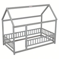 Twin Size Wooden House Bed Frame With Roof And Fence Guardrails In White