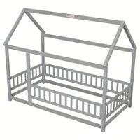 Twin Size Wooden House Bed Frame With Roof And Fence Guardrails In White
