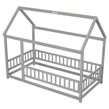 Twin Size Wooden House Bed Frame With Roof And Fence Guardrails In White