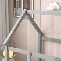 Twin Size Wooden House Bed Frame With Roof And Fence Guardrails In White