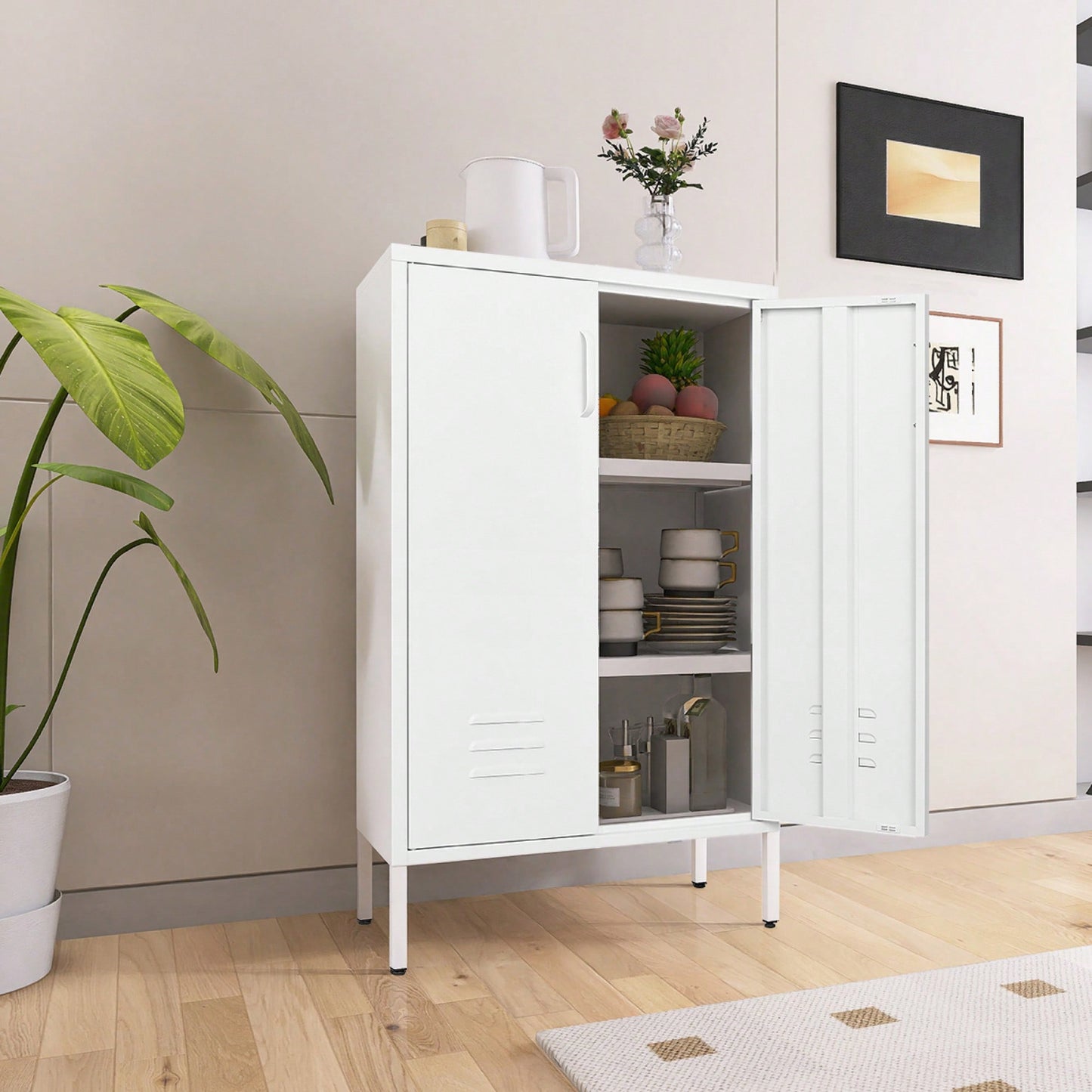 Versatile 2-Door Steel Storage Cabinet For Living Rooms Kitchens Bedrooms Garage And Office With 2 Movable Partitions