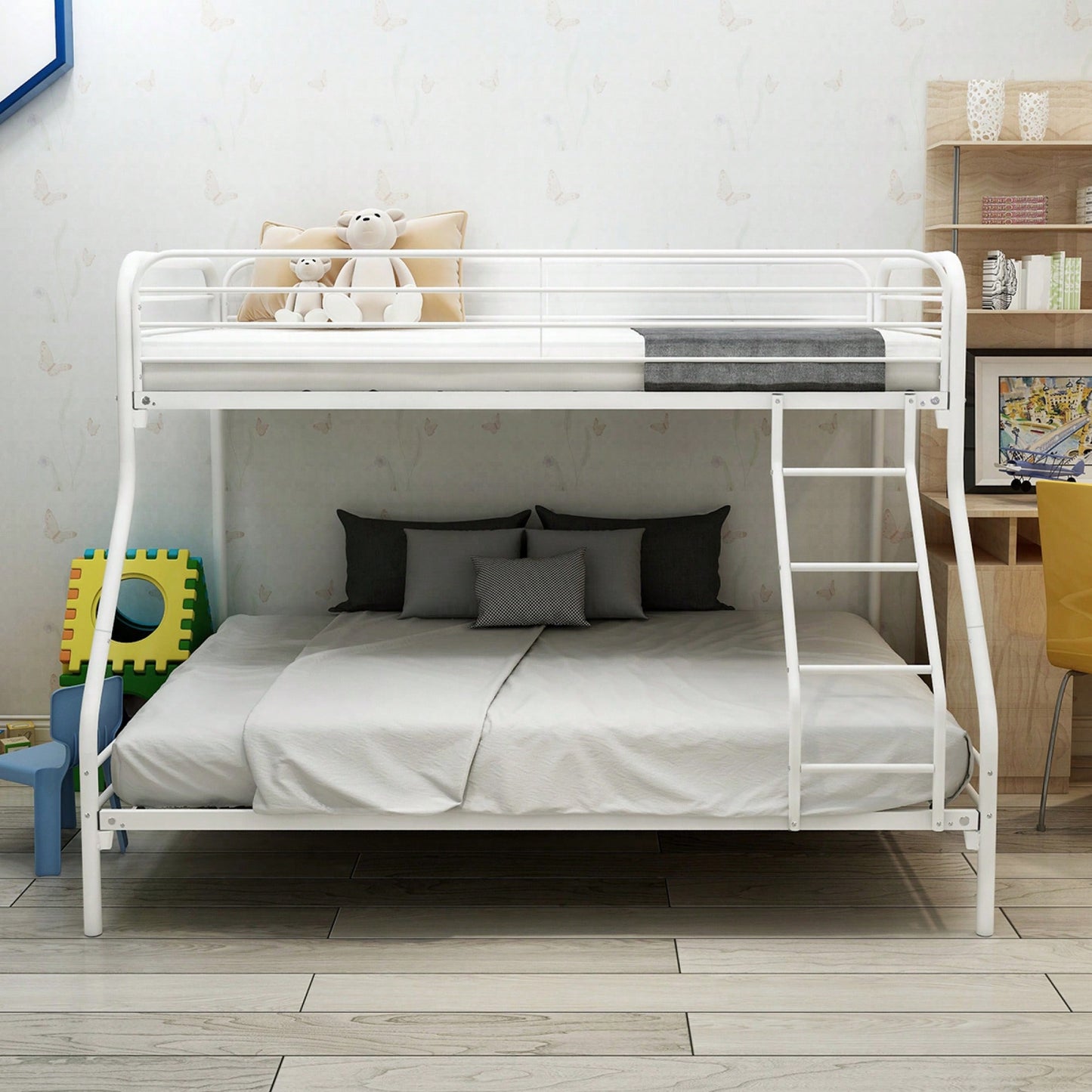 Sturdy Twin Over Full Metal Bunk Bed With Enhanced Guardrail Easy Assembly White Finish