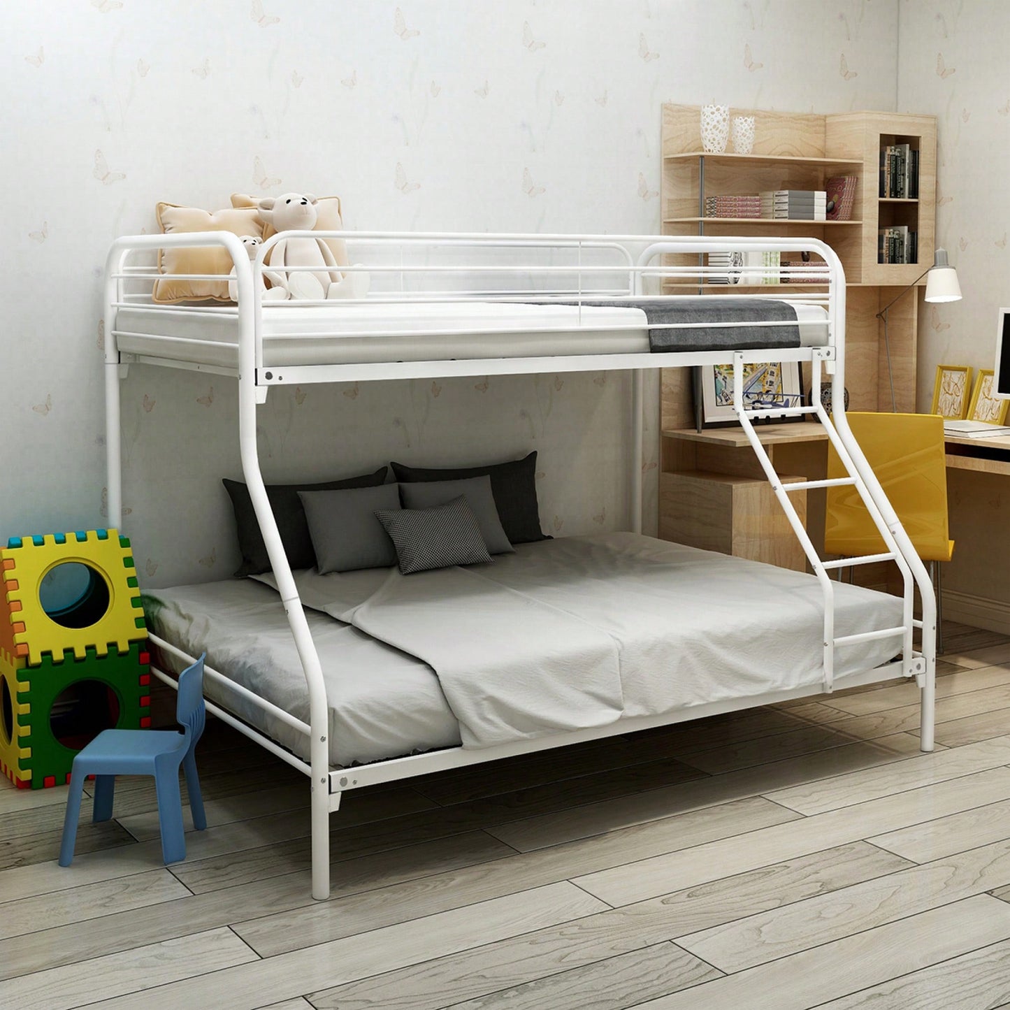 Sturdy Twin Over Full Metal Bunk Bed With Enhanced Guardrail Easy Assembly White Finish