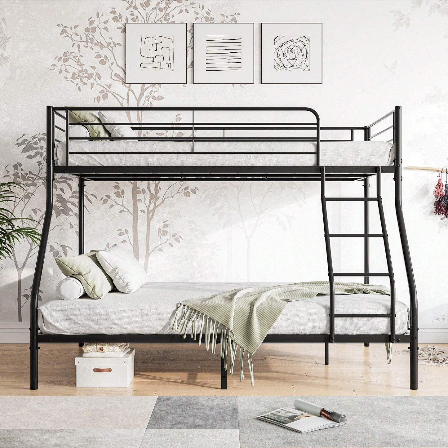 Sturdy Twin-Over-Full Metal Bunk Bed With Enhanced Guardrail For Safety Easy Assembly Black Finish