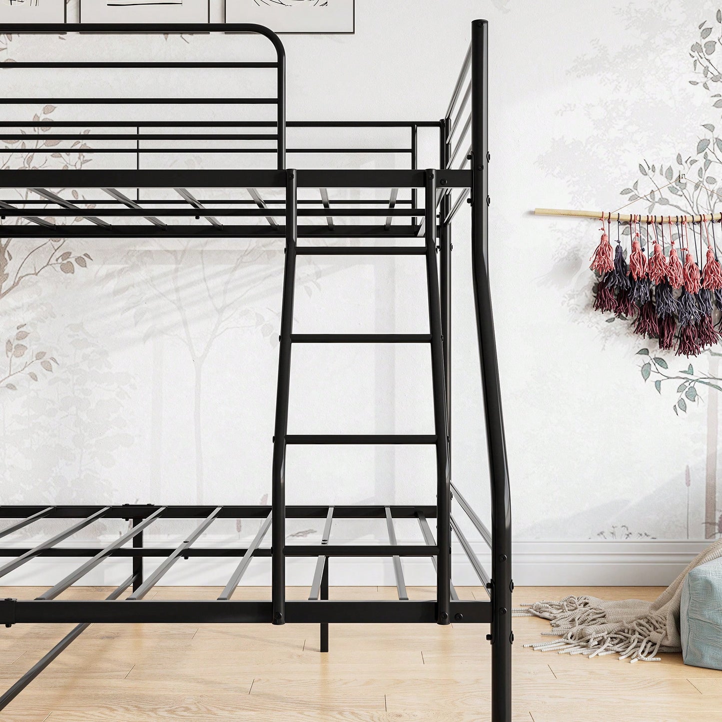 Sturdy Twin-Over-Full Metal Bunk Bed With Enhanced Guardrail For Safety Easy Assembly Black Finish