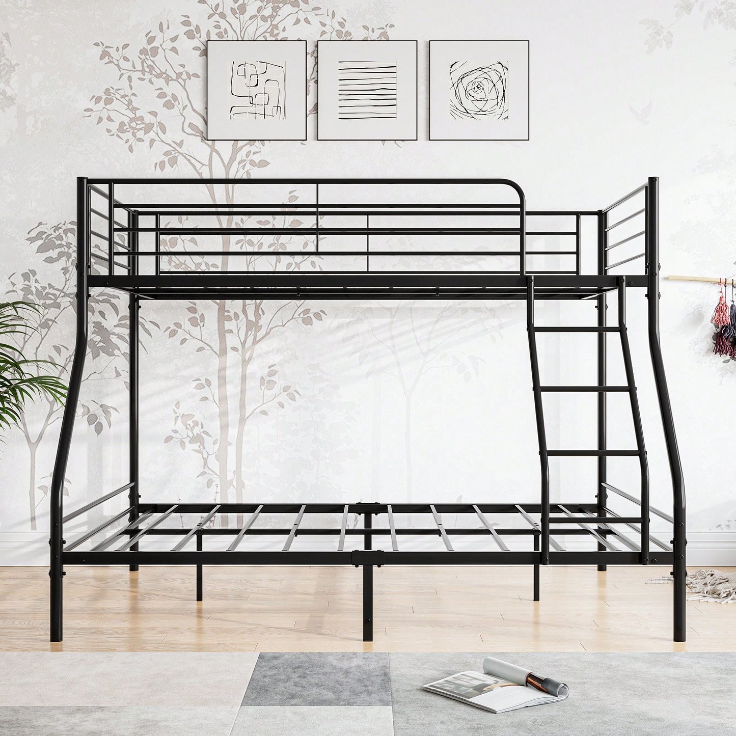 Sturdy Twin-Over-Full Metal Bunk Bed With Enhanced Guardrail For Safety Easy Assembly Black Finish