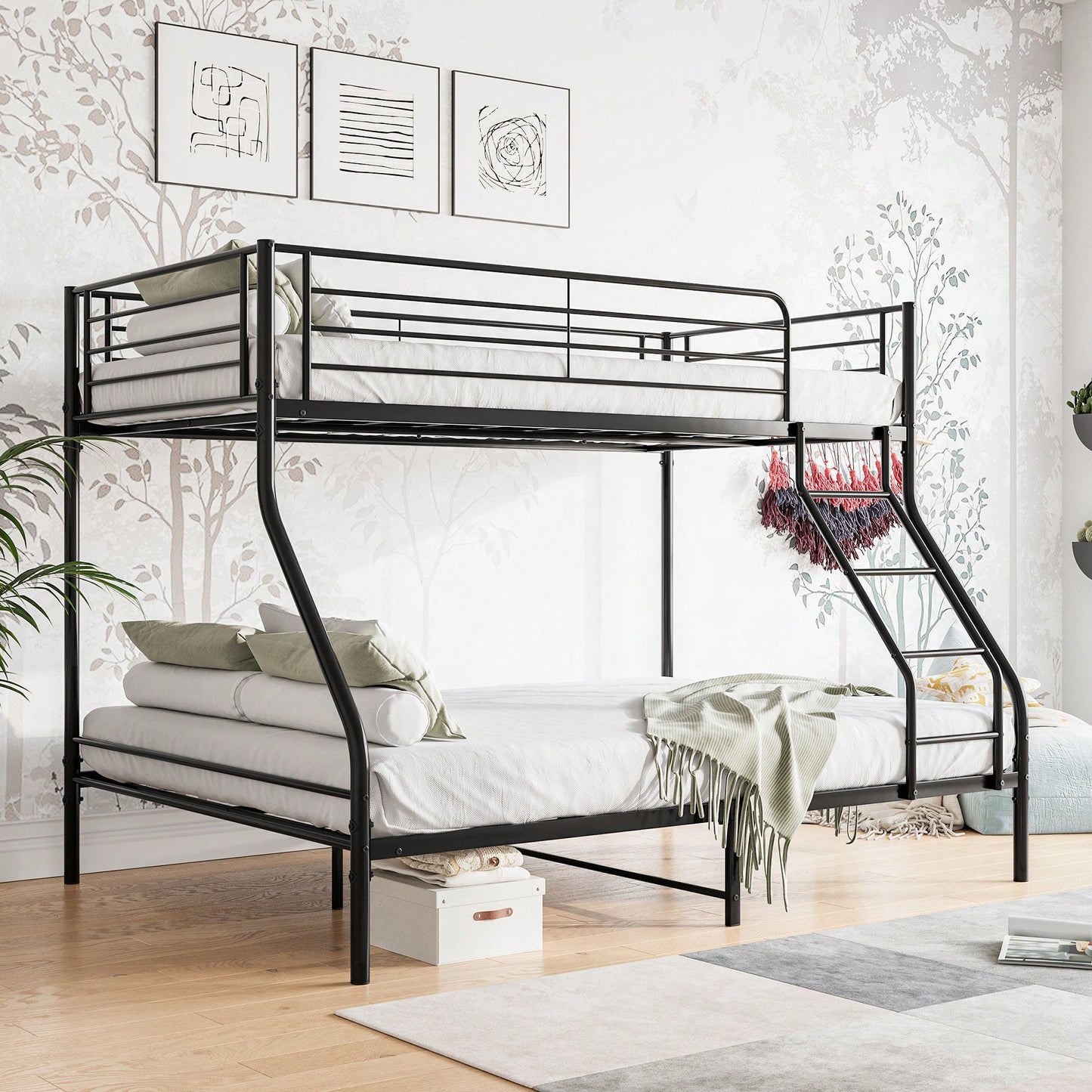Sturdy Twin-Over-Full Metal Bunk Bed With Enhanced Guardrail For Safety Easy Assembly Black Finish