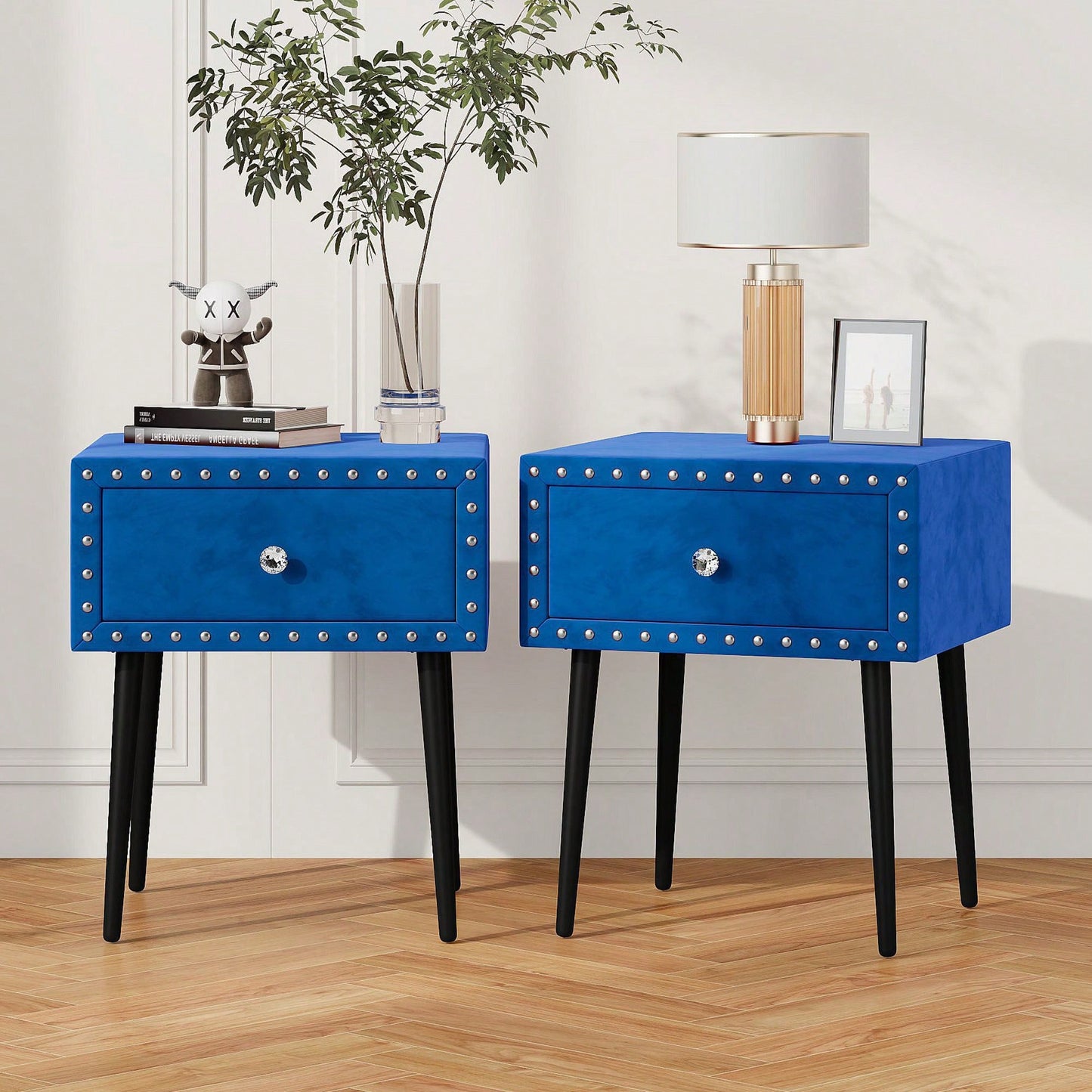 Elegant Blue Velvet Modern Nightstands Set Of 2 With Drawer And Crystal Handle - Stylish Storage For Bedroom