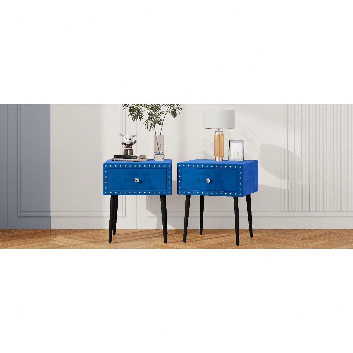 Elegant Blue Velvet Modern Nightstands Set Of 2 With Drawer And Crystal Handle - Stylish Storage For Bedroom