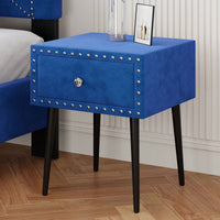 Elegant Blue Velvet Modern Nightstands Set Of 2 With Drawer And Crystal Handle - Stylish Storage For Bedroom