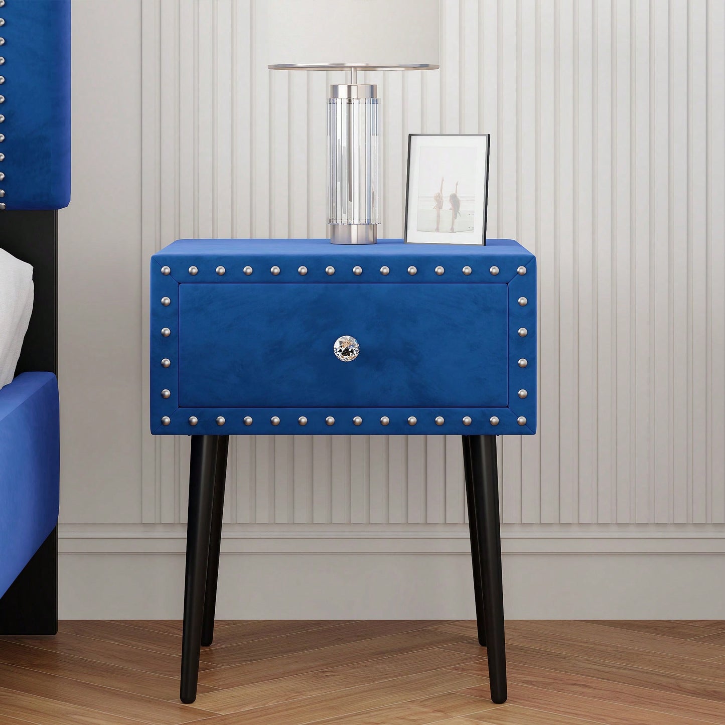 Elegant Blue Velvet Modern Nightstands Set Of 2 With Drawer And Crystal Handle - Stylish Storage For Bedroom