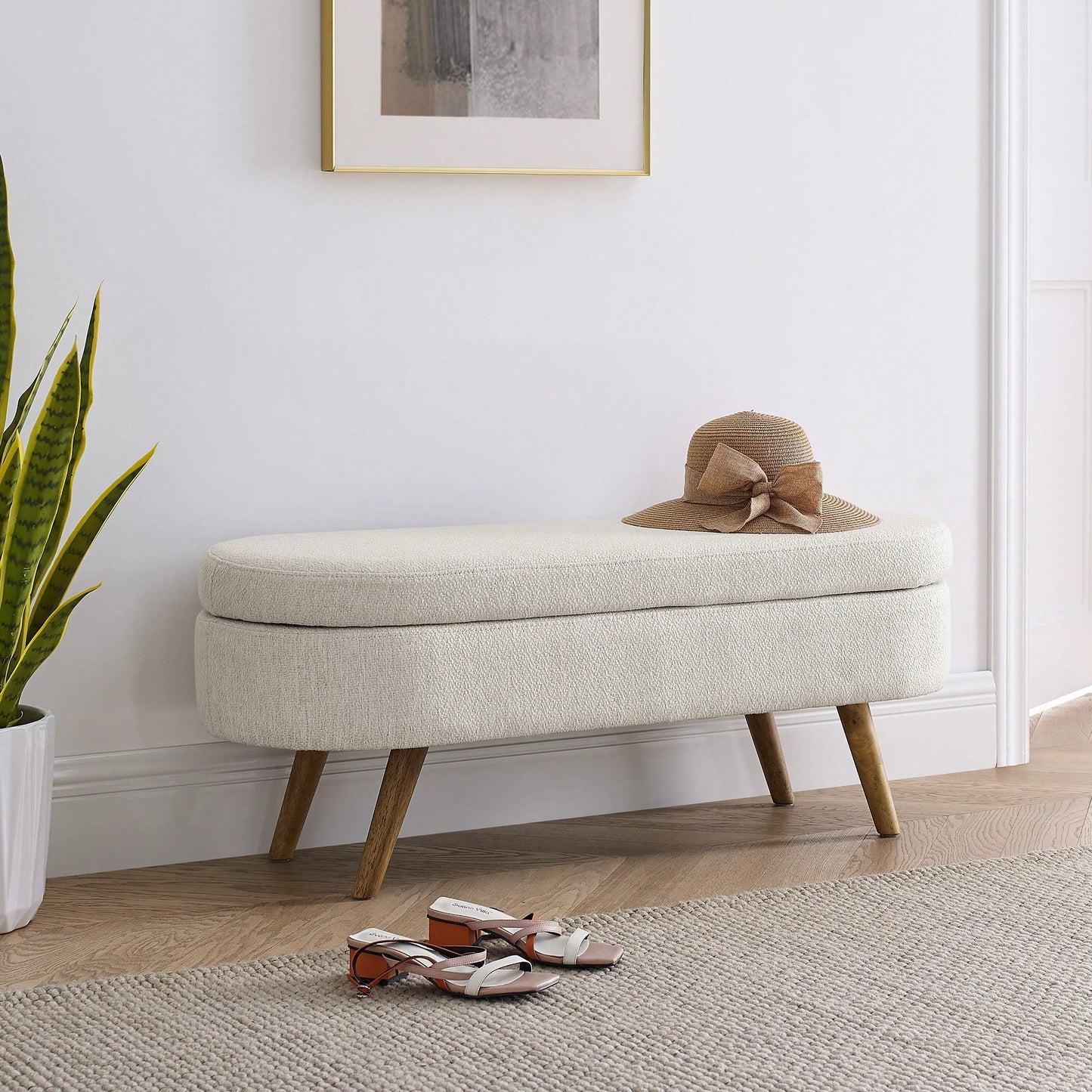 Beige Ottoman Storage Bench With Rubber Wood Legs 43.5x16x16 Stylish And Functional Home Furniture