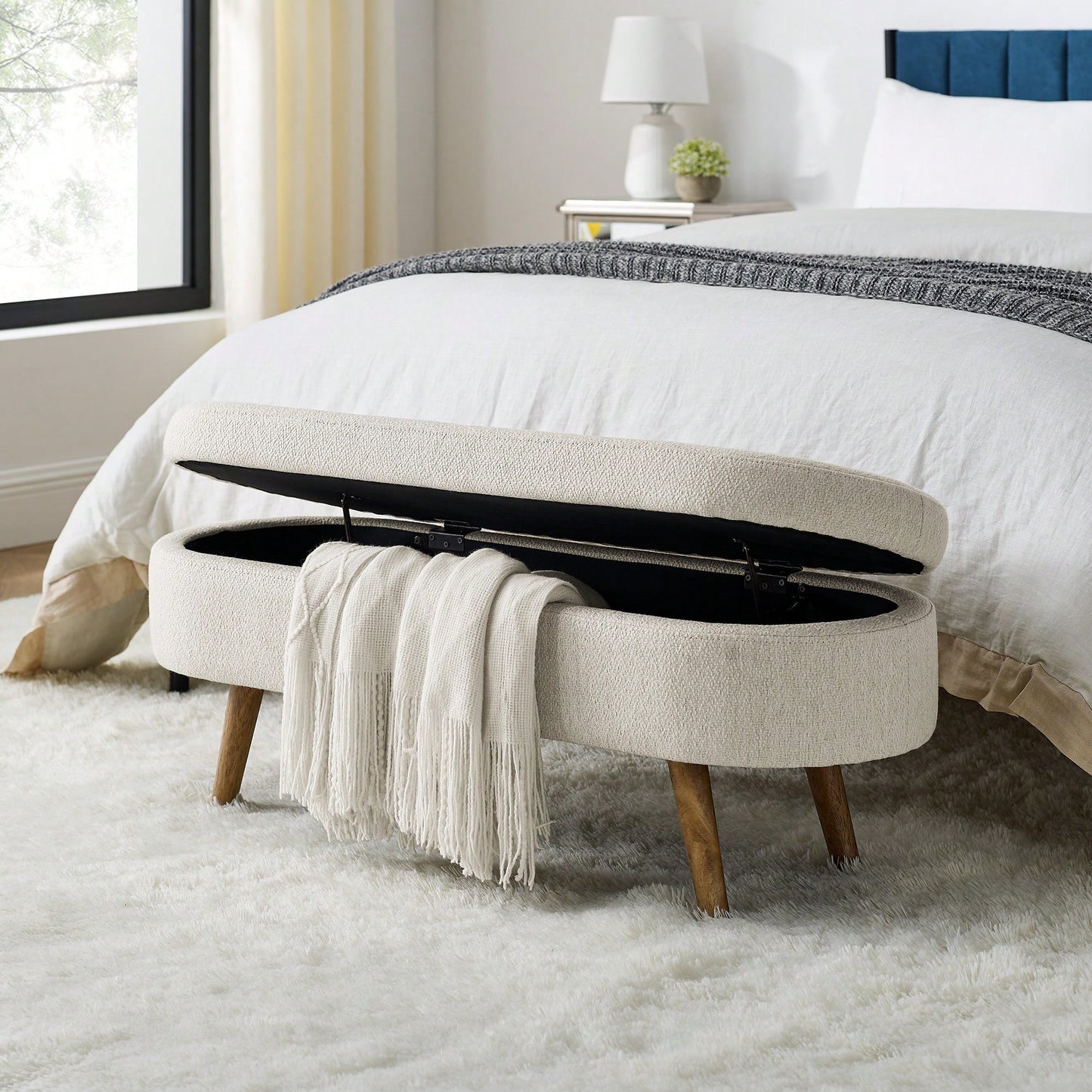 Beige Ottoman Storage Bench With Rubber Wood Legs 43.5x16x16 Stylish And Functional Home Furniture