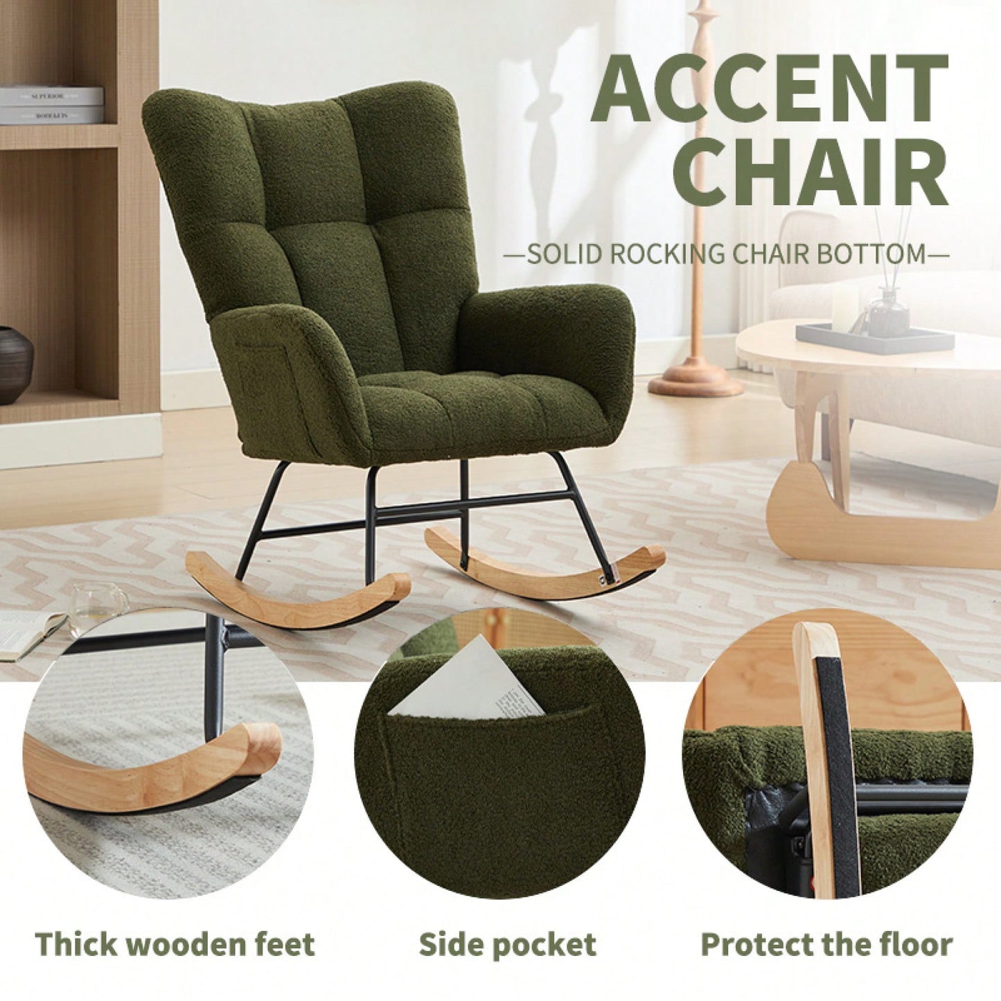 Upholstered Glider Rocking Chair With High Backrest And Solid Wood Legs For Nursery Bedroom Living Room In Dark Green