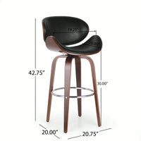 Mid-Century Modern Upholstered Swivel Barstool In Midnight Black And Walnut Finish