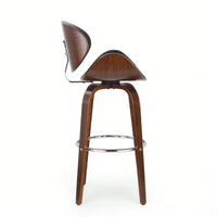 Mid-Century Modern Upholstered Swivel Barstool In Midnight Black And Walnut Finish