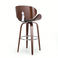 Mid-Century Modern Upholstered Swivel Barstool In Midnight Black And Walnut Finish