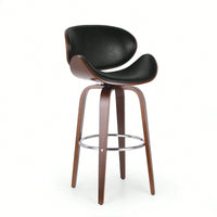 Mid-Century Modern Upholstered Swivel Barstool In Midnight Black And Walnut Finish