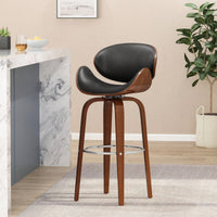 Mid-Century Modern Upholstered Swivel Barstool In Midnight Black And Walnut Finish