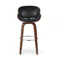 Mid-Century Modern Upholstered Swivel Barstool In Midnight Black And Walnut Finish