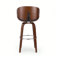 Mid-Century Modern Upholstered Swivel Barstool In Midnight Black And Walnut Finish