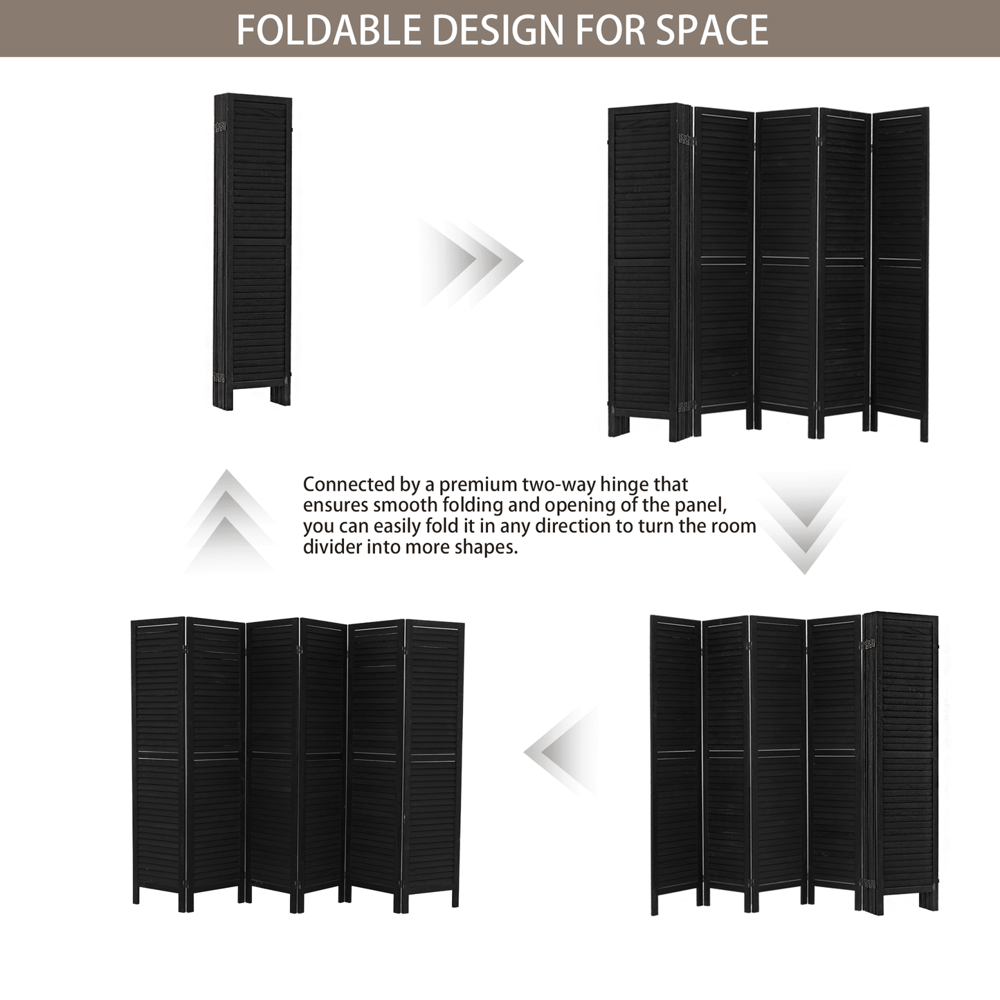 6 Panel Folding Room Divider Privacy Screen 5.6Ft Tall Freestanding Louvered Wood Divider For Home Office Restaurant Bedroom Black