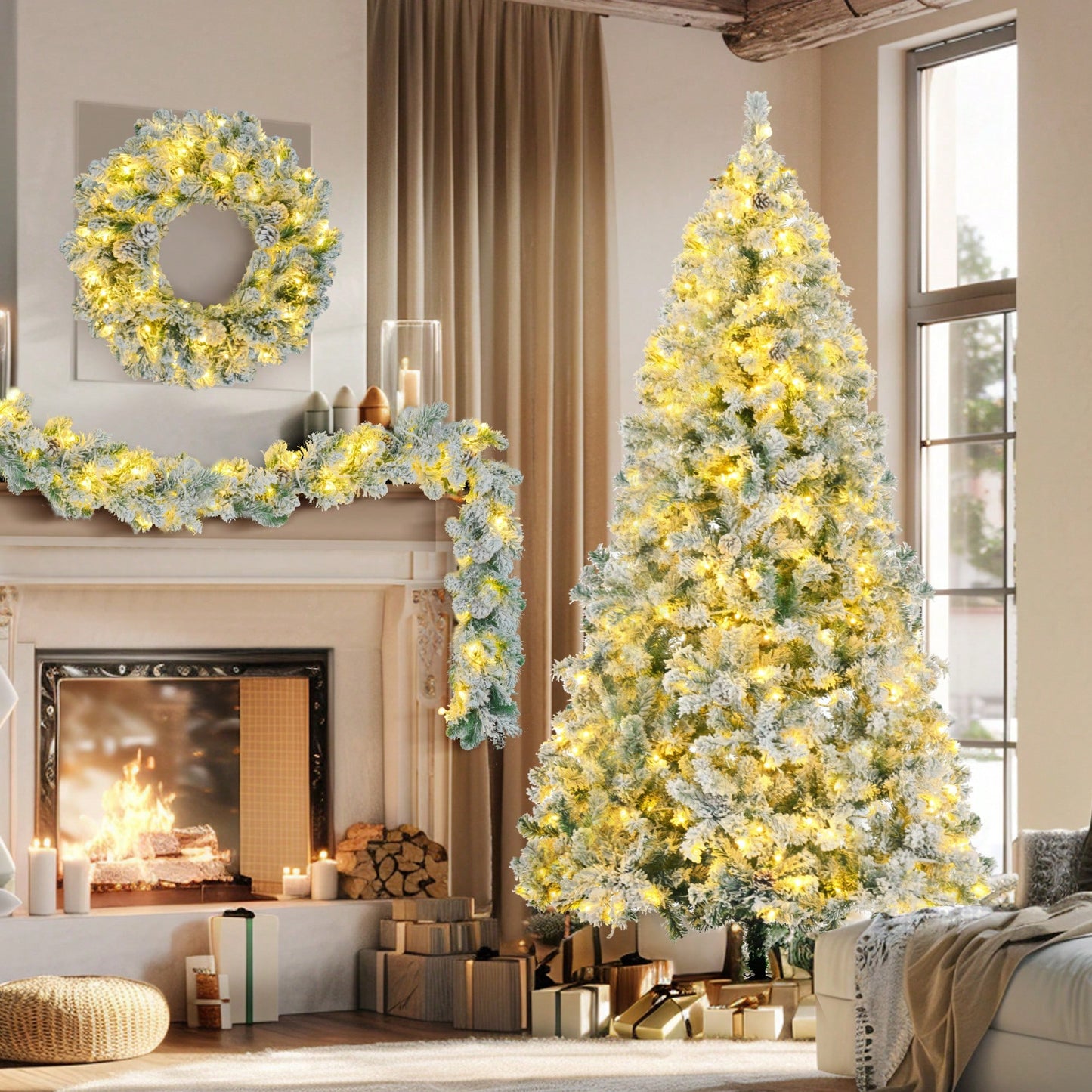 6FT Snow Flocked Pre-Lit Christmas Tree With Garland And Wreath, Colorful LED Lights, 8 Lighting Modes, Pine Cones, Holiday Home Décor