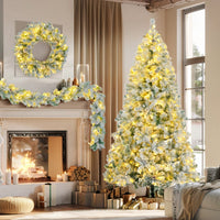 6FT Snow Flocked Pre-Lit Christmas Tree With Garland And Wreath, Colorful LED Lights, 8 Lighting Modes, Pine Cones, Holiday Home Décor
