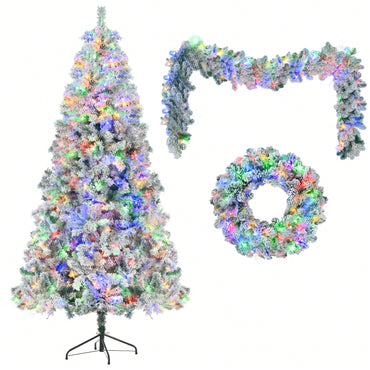 6FT Snow Flocked Pre-Lit Christmas Tree With Garland And Wreath, Colorful LED Lights, 8 Lighting Modes, Pine Cones, Holiday Home Décor