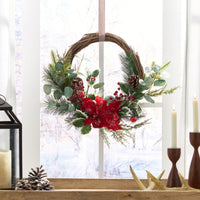 23.5 Inch Poinsettia Berry Eucalyptus Half Wreath For Holiday Decor