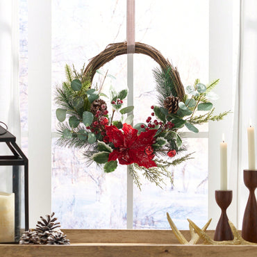 23.5 Inch Poinsettia Berry Eucalyptus Half Wreath For Holiday Decor