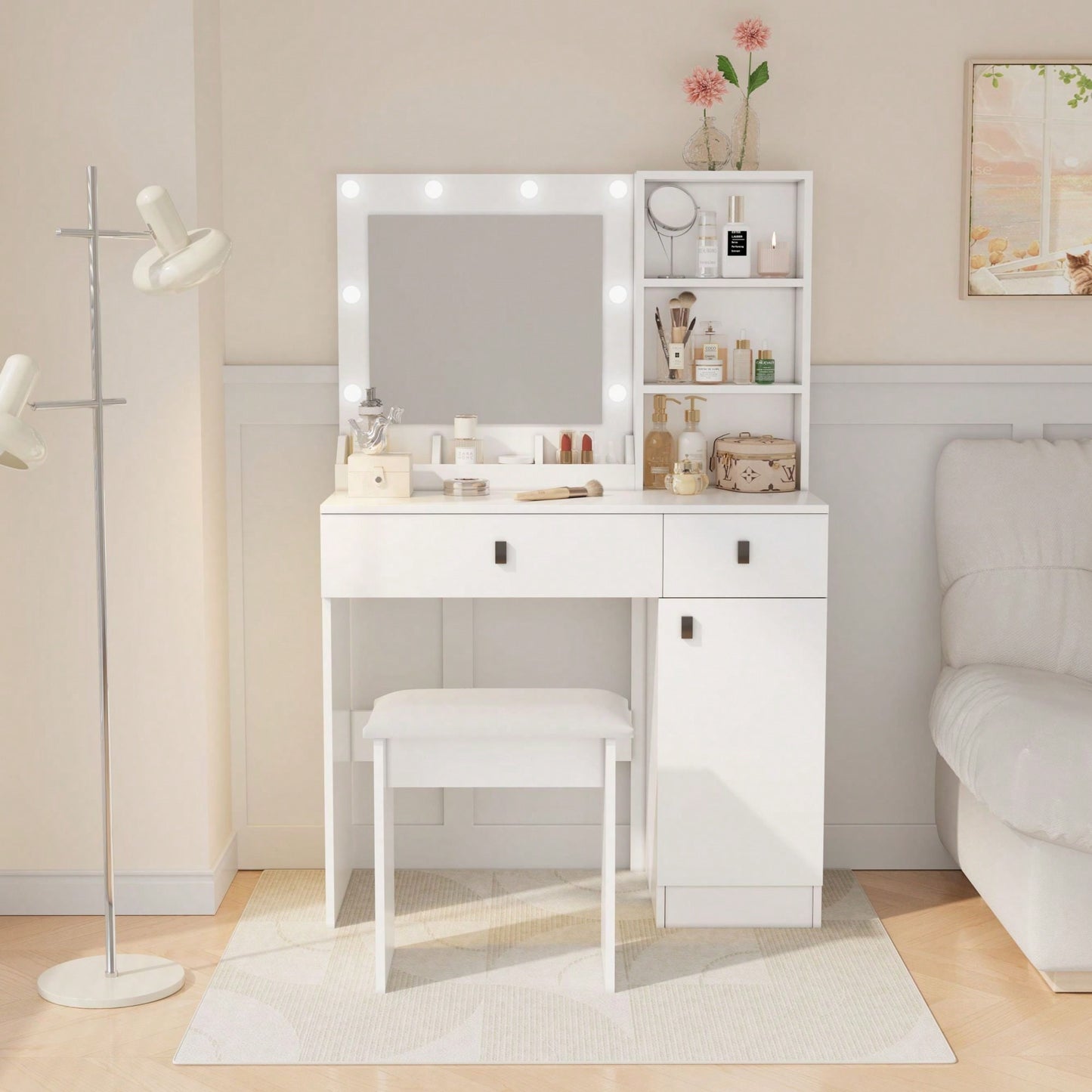 Illuminate Your Beauty Routine With Adjustable Brightness Vanity Desk And Mirror Set Featuring Ample Storage And Stylish Design For Bedroom