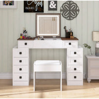 Dimmable LED Light Vanity Desk With Flip Up Mirror And 10 Drawers For Makeup Storage Space-Saving White And Walnut Finish