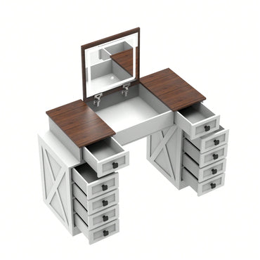 Dimmable LED Light Vanity Desk With Flip Up Mirror And 10 Drawers For Makeup Storage Space-Saving White And Walnut Finish