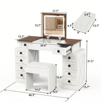 Dimmable LED Light Vanity Desk With Flip Up Mirror And 10 Drawers For Makeup Storage Space-Saving White And Walnut Finish