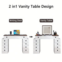 Dimmable LED Light Vanity Desk With Flip Up Mirror And 10 Drawers For Makeup Storage Space-Saving White And Walnut Finish