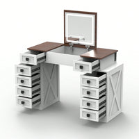 Dimmable LED Light Vanity Desk With Flip Up Mirror And 10 Drawers For Makeup Storage Space-Saving White And Walnut Finish