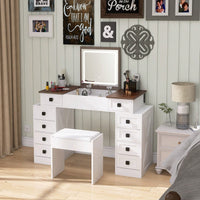 Dimmable LED Light Vanity Desk With Flip Up Mirror And 10 Drawers For Makeup Storage Space-Saving White And Walnut Finish