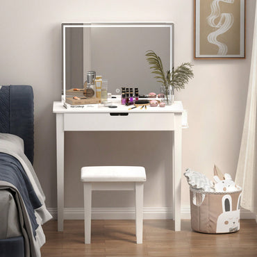 Elegant White Vanity Table With Dimmable LED Mirror And Storage Drawer For Makeup And Cosmetics With Comfortable Stool