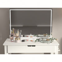 Elegant White Vanity Table With Dimmable LED Mirror And Storage Drawer For Makeup And Cosmetics With Comfortable Stool