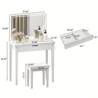 Elegant White Vanity Table With Dimmable LED Mirror And Storage Drawer For Makeup And Cosmetics With Comfortable Stool