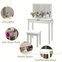 Elegant White Vanity Table With Dimmable LED Mirror And Storage Drawer For Makeup And Cosmetics With Comfortable Stool